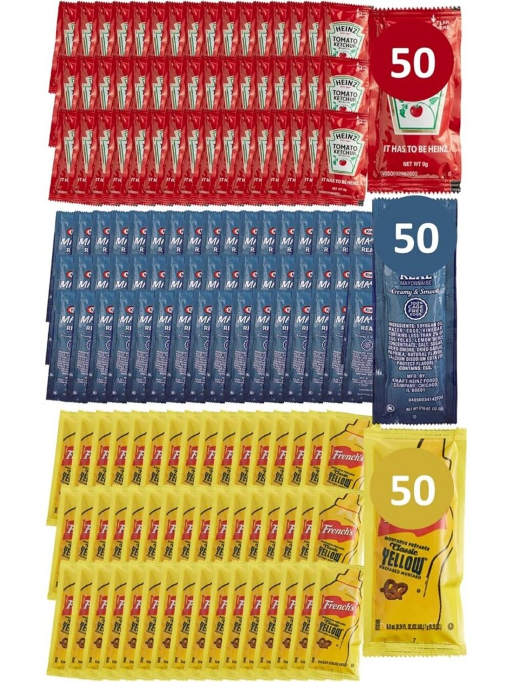 150 Total Condiment Packets - 50 Ketchup, 50 Mustard & 50 Mayo for Parties